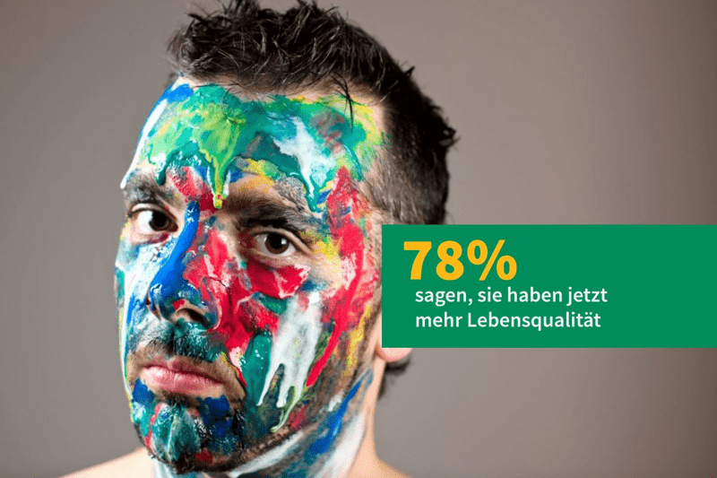 Ein Mann mit ernstem Blick schaut in die Kamera. Sein bunt bemaltes Gesicht steht sinnbildlich für das Verbergen der eigenen Persönlichkeit hinter gesellschaftlichen Erwartungen. Im Bild: ‚78 % sagen, sie haben jetzt mehr Lebensqualität.‘“