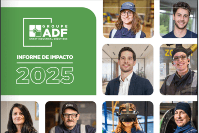 Portada del Informe de Impacto 2025 de GROUPE ADF, ilustrada con varios cuadrados que representan el perfil de diferentes empleados.