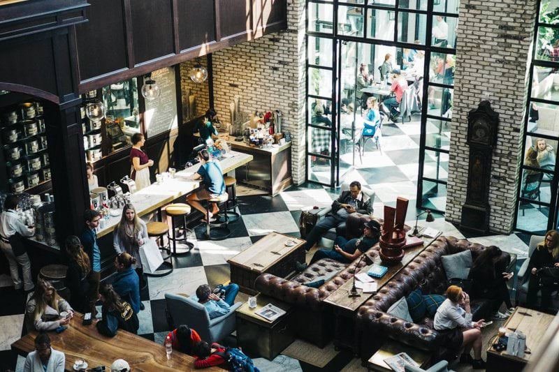 aerial photo of people on bar