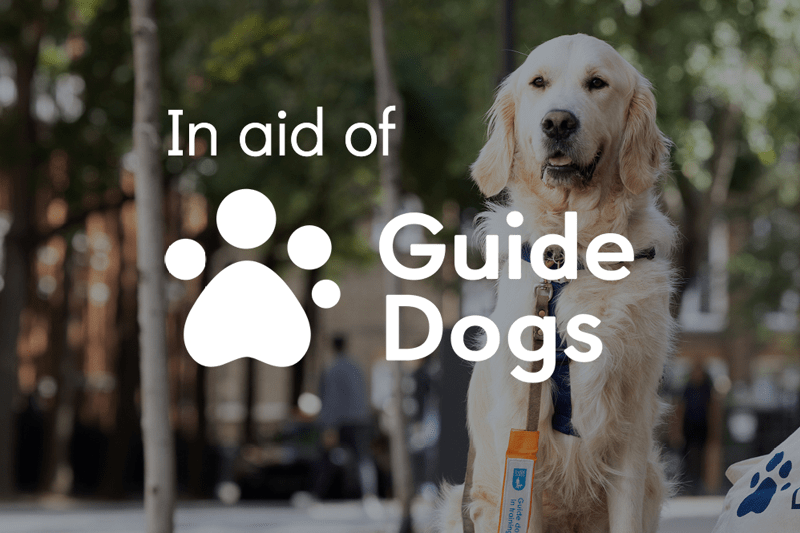 A golden labrador dog with In aid of Guide Dogs written in white text over the top. 