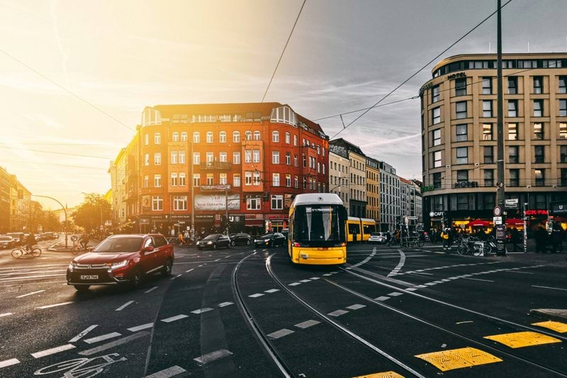 bus and cars on road