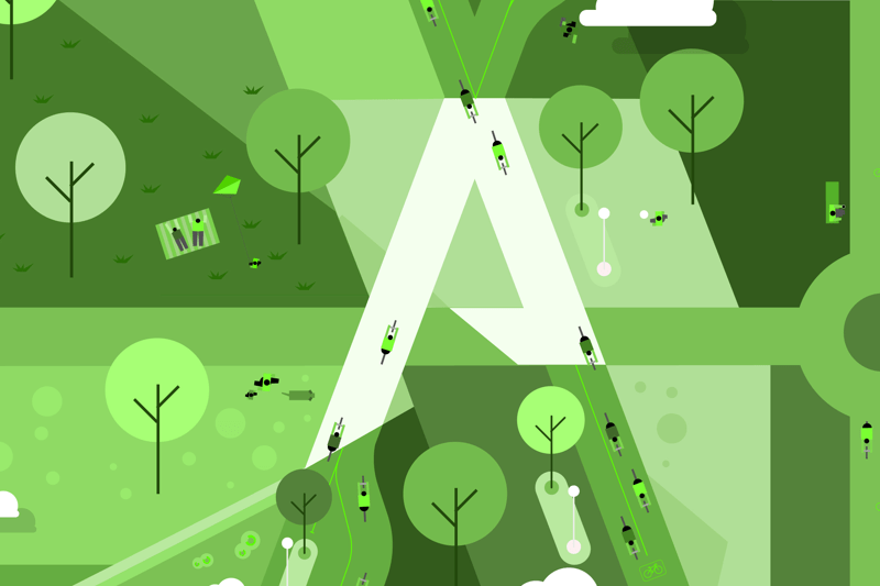 L'immagine ritrae la grafica del bilancio di sostenibilità 2025 che raffigura in modo stilizzato un parco con persone che fanno varie attività