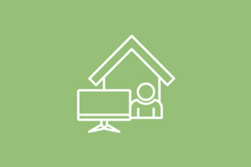 Drawn house with person and computer screen in white on Spring Green background
