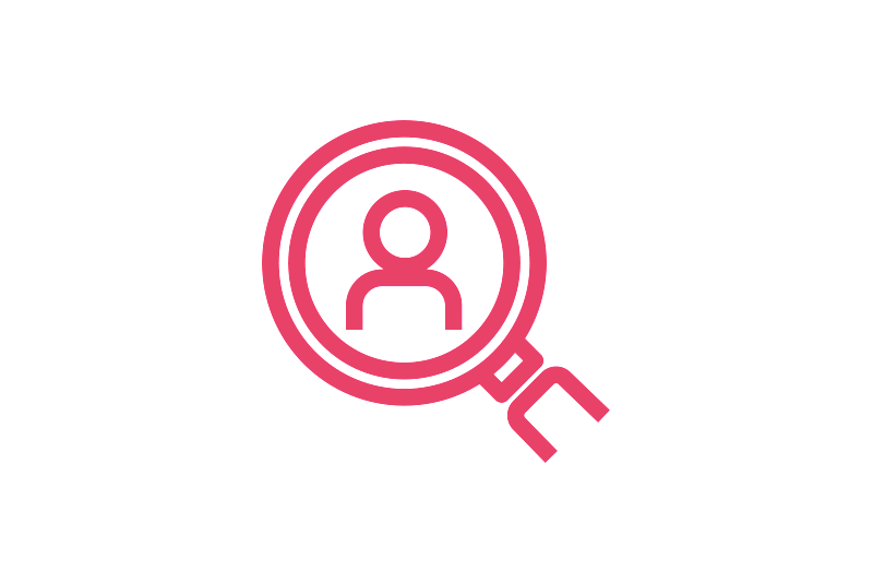Pink line icon of a magnifying glass highlighting a person, representing curiosity, focus on people, or learning more about individuals.