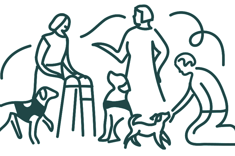 Illustration line drawing of group of people and dogs talking