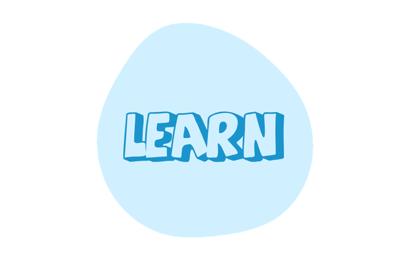 Blue circle with the word 'learn' written on it