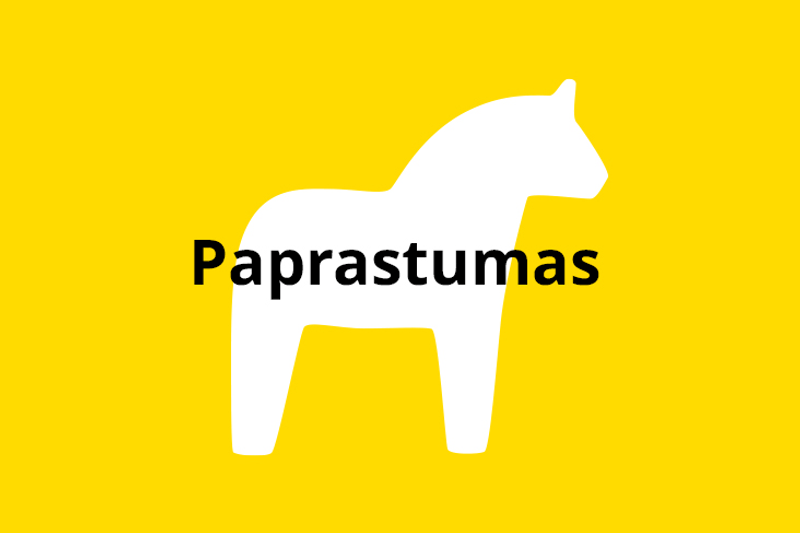 Baltas Dalos arkliuko siluetas geltoname fone su centre užrašytu tekstu: „Paprastumas“.