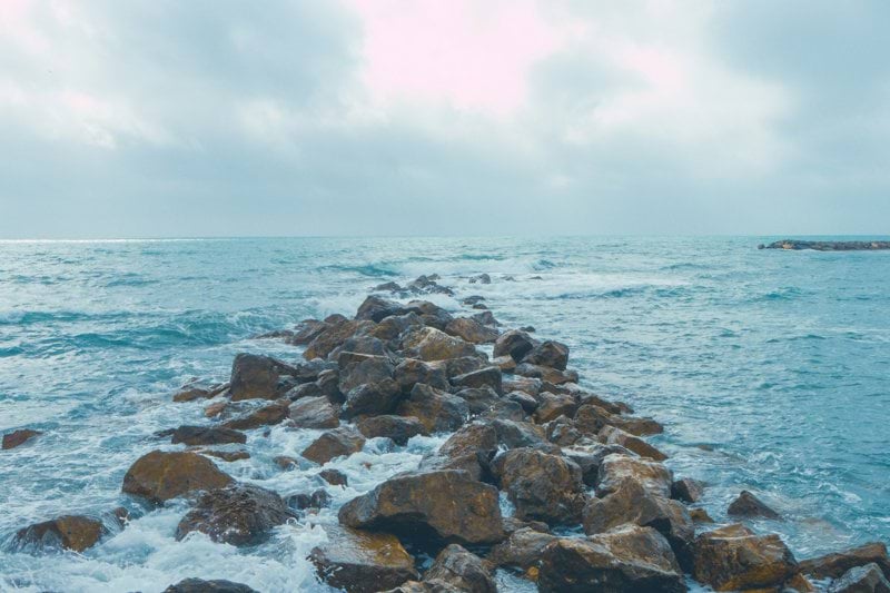 A rocky shore with a body of water in the background