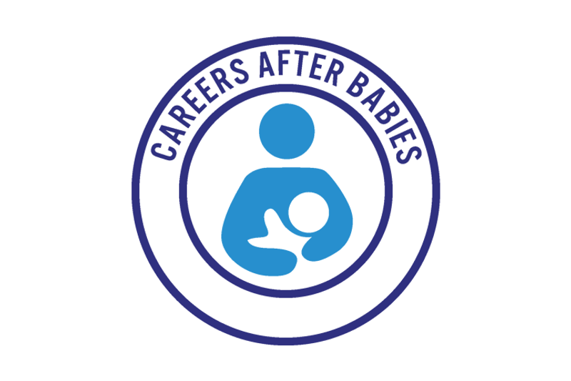 Careers After Babies logo showing a blue icon of an adult holding a baby inside a circular badge.