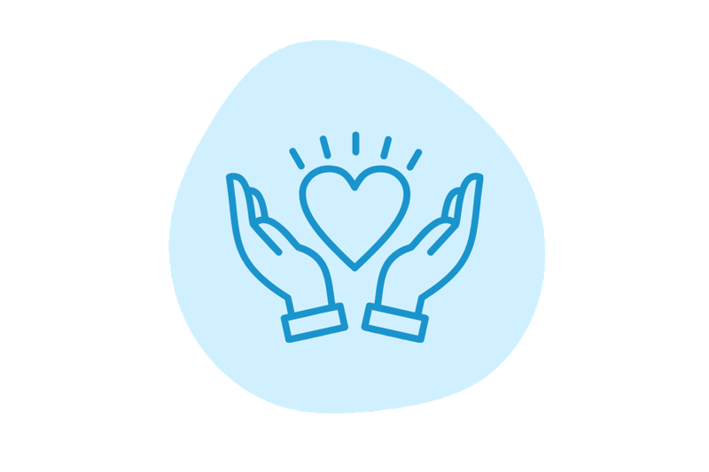 Hands surrounding a heart inside a blue circle