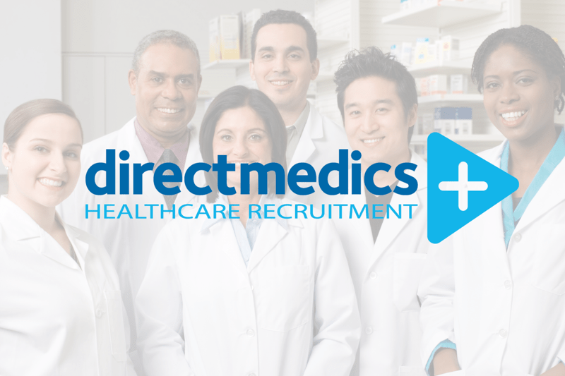 A group of medical professionals in a faded background with Direct Medics logo overtop