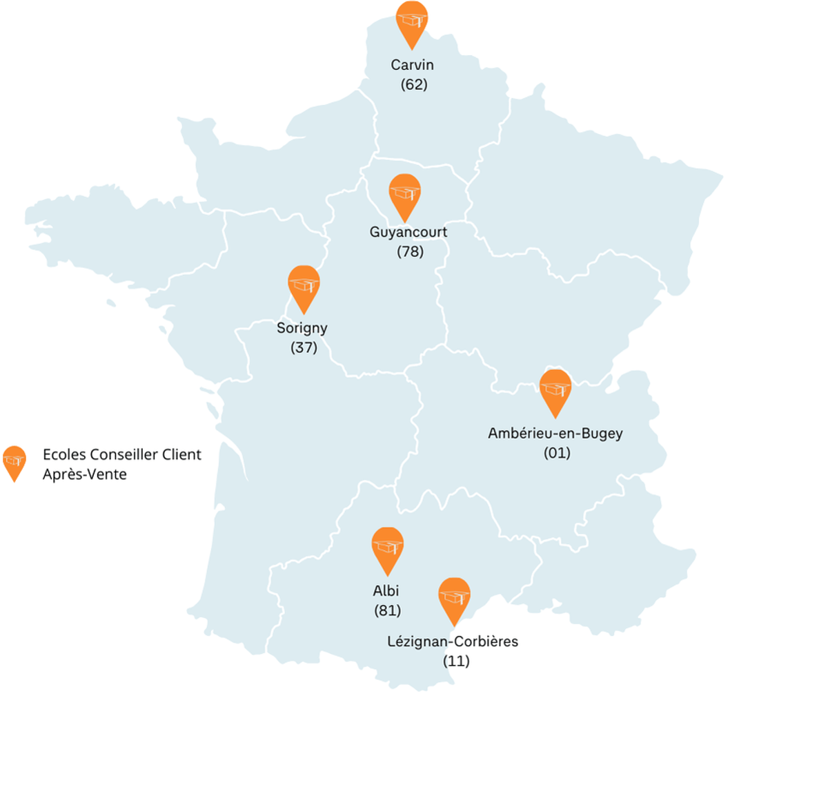 Carte des écoles Conseiller Client Après Vente VGF Academy en France