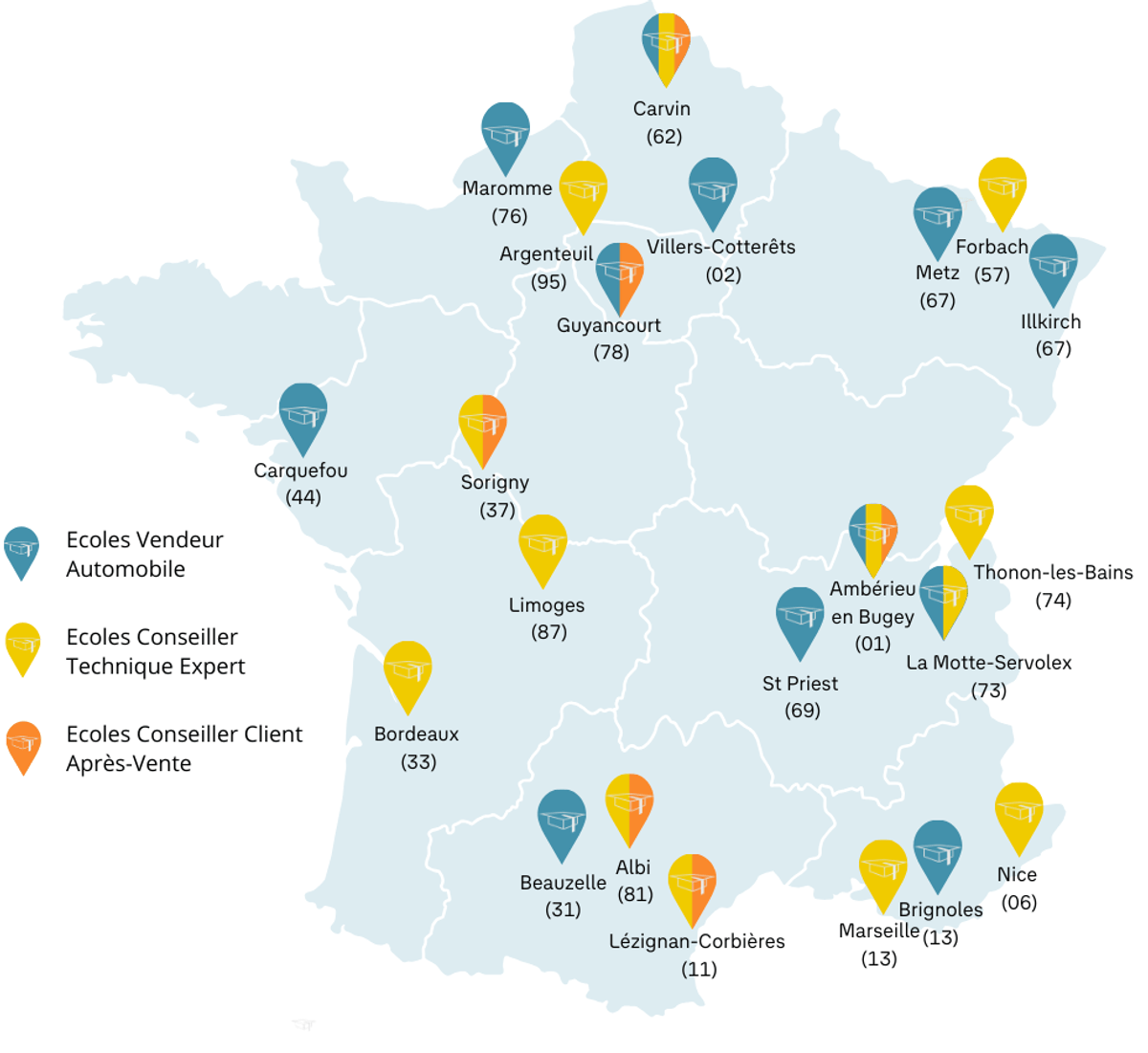 Carte des écoles VGF Academy en France