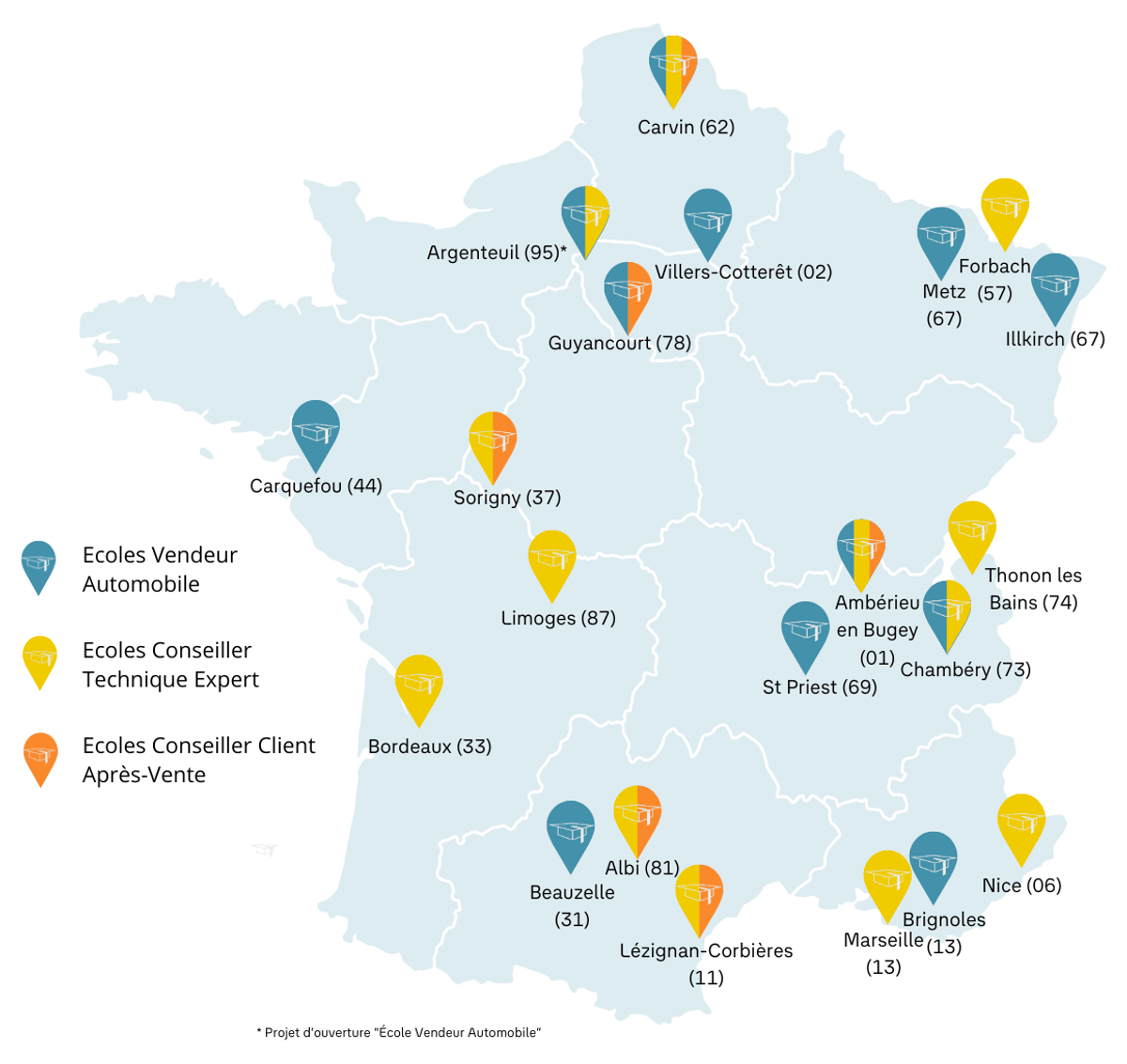 Carte des écoles VGF Academy en France