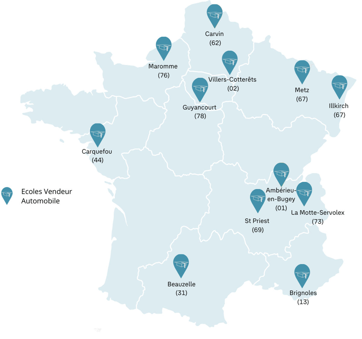 Carte des écoles Vendeur Automobile VGF Academy en France