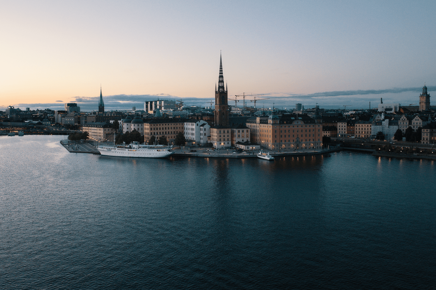 Stockholm skyline in an evening setting of the main island and its surrounding waters
