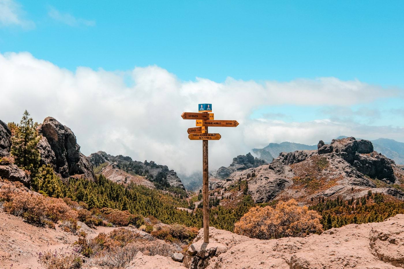 brown wooden arrow sign on rocky hill under blue and white sky during daytime