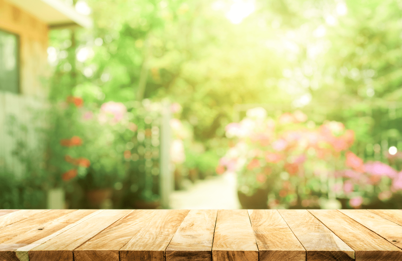 A blurred image of a garden and some wooden decking
