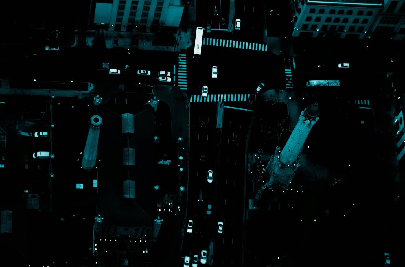 Aerial view of a city street at night