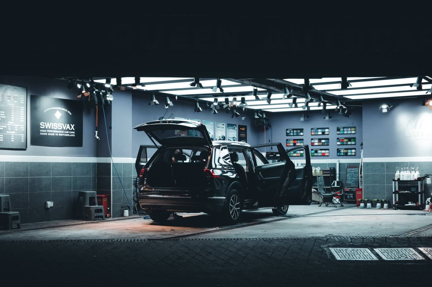 a car is parked inside of a garage