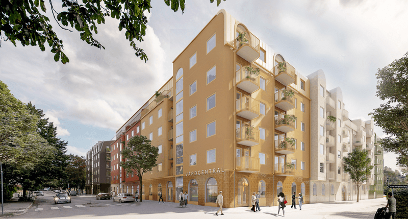 Visionsbild på kvarter med nyproducerade flerbostadshus i gult, vitt, rött och grått.