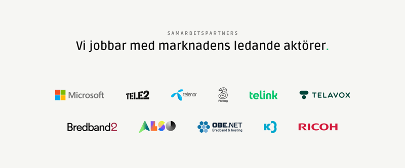 IVORYs samarbetspartners: Microsoft, Tele2, Telenor, Tre Företag, Telink, Telavox, Bredband2, ALSO, Obenet, K3 och Ricoh