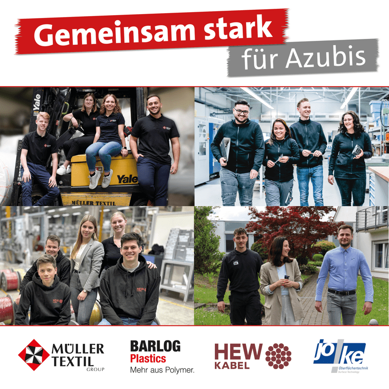 Die Grafik zeigt junge Menschen in verschiedenen Arbeitsumgebungen unter dem Motto „Gemeinsam stark für Azubis“. Unten sind die Logos der beteiligten Unternehmen zu sehen.